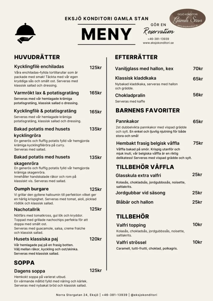 Vällagad lunchmeny med klassiska rätter och hembakat hantverk hos Eksjö Konditori i hjärtat av Gamla Stan