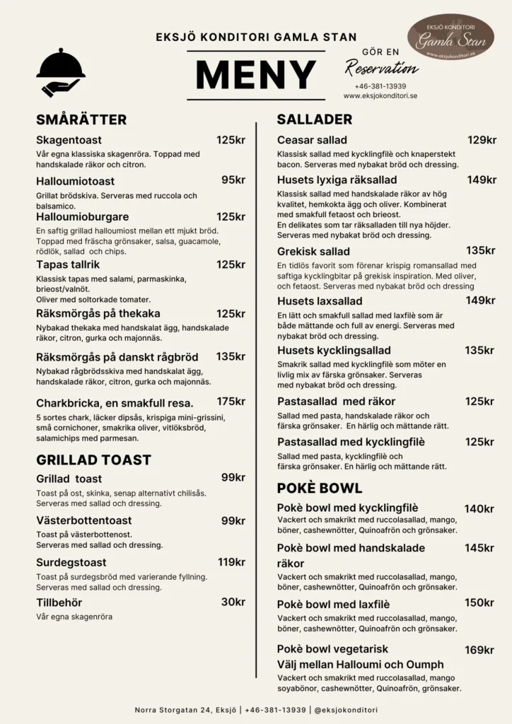 Vällagad lunchmeny med klassiska rätter och hembakat hantverk hos Eksjö Konditori i hjärtat av Gamla Stan