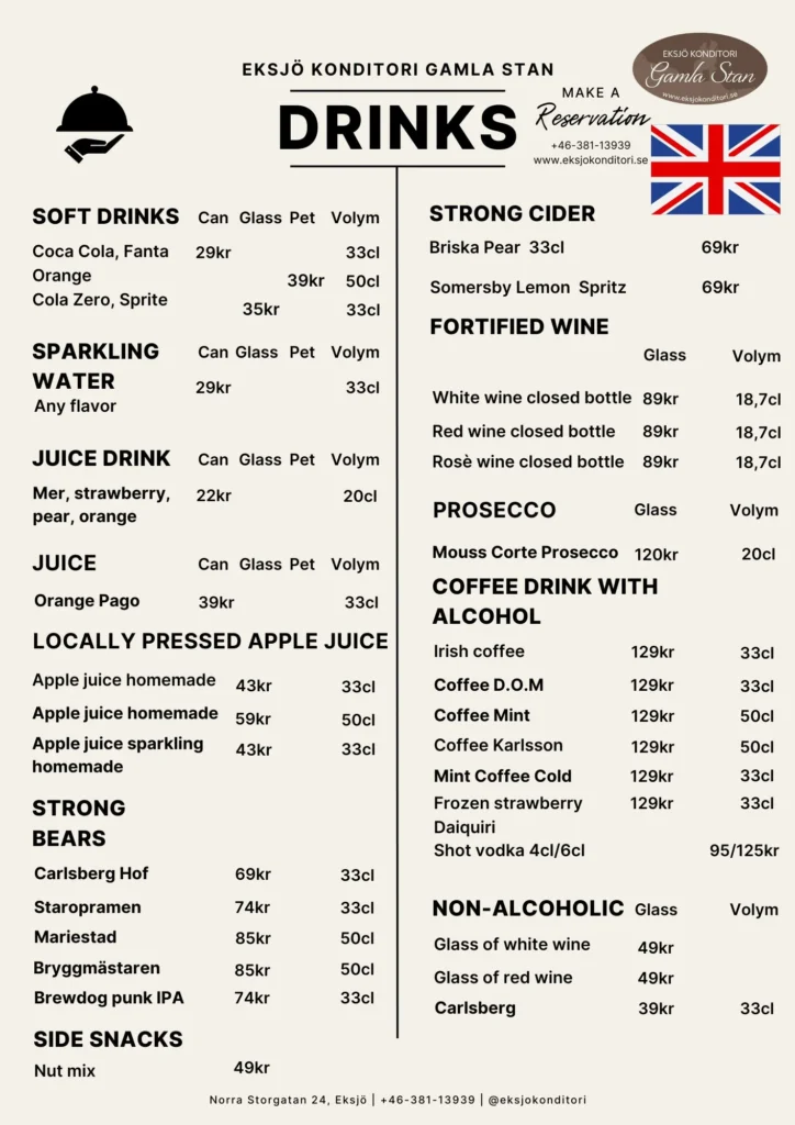 English beverage menu for Eksjö Konditori, including coffee, tea, soft drinks, beer, and wine
