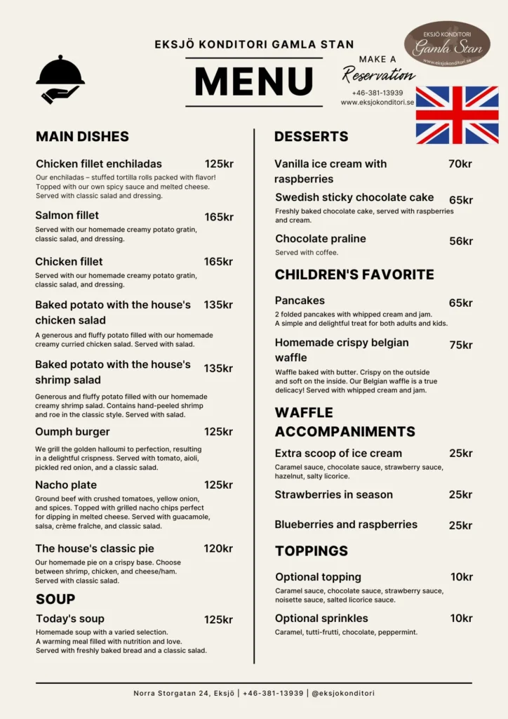 eksjo konditori english menu pastries coffee