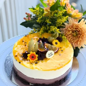 En lyxig Passion-och-choklad-mousse från Eksjö Konditori i Gamla stan med kladdkaksbotten, passionsfruktsmousse och färsk frukt
